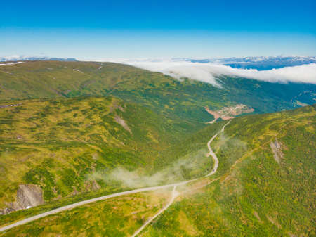 Aerial view. Road across Vikafjellet between Vinje - Vik in Stolsheimen mountains area western Norway. Norwegian summer landscape.の写真素材