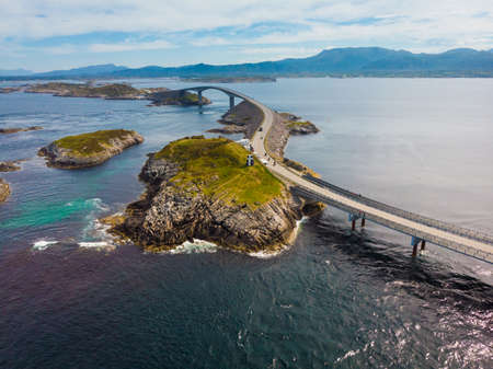 Aerial view. World famous Atlantic road bridge Atlanterhavsvegen in Norway Europe. Norwegian national scenic route. Tourist attraction.の写真素材