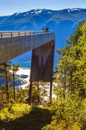 AURLANDSFJELLET, NORWAY - JUNE 26, 2018: Stegastein viewpoint viewing platform. National Tourist Route Aurlandsfjellet.のeditorial素材