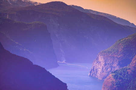 Aurlandsfjord fjord landscape with cruise ship, Norway Scandinavia.の写真素材