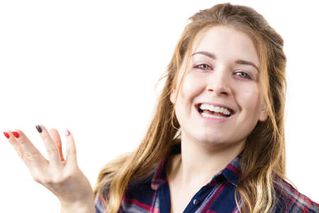 Portrait of happy cheerful natural pretty young woman with long brown hair. Teenage beauty concept.の写真素材