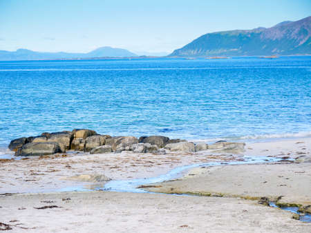 Coast of Gimsoya island, Gimsoysand sandy beach in summer. Nordland county, Lofoten archipelago Norway. Tourist attraction.の写真素材