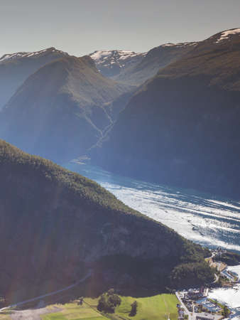 Aurlandsfjord fjord landscape, Norway Scandinavia. National tourist route Aurlandsfjellet.の写真素材