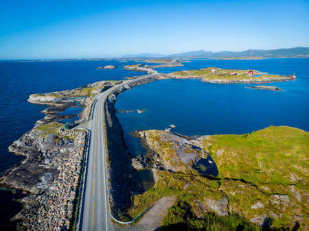 Aerial view. World famous Atlantic road bridge Atlanterhavsvegen in Norway Europe. Norwegian national scenic route. Tourist attraction.の写真素材
