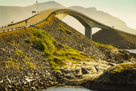 World famous Atlantic road bridge Atlanterhavsvegen in Norway Europe. Norwegian national scenic route. Tourist attraction.の写真素材