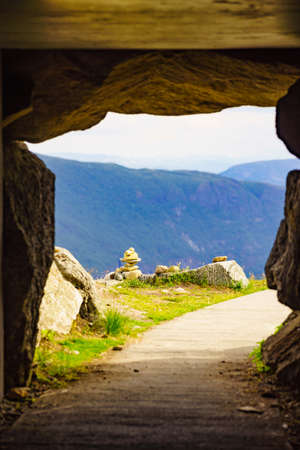 Vedahaugane resting point rest stop area. Entrance to underground cave with artificial bear den. National Tourist Route Aurlandsfjellet.の写真素材