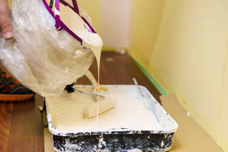 Home renovation, walls color change, diy concept. White paint with essentials equipment.の写真素材