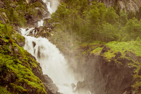 Norwegian landscape. Waterfall Latefoss Latefossen, Odda Hordaland County in Norway. National...