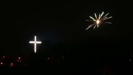 Firework explosion in the sky, celebrating new year in Gdynia city, Poland. Colorful fireworks at holiday night.の写真素材