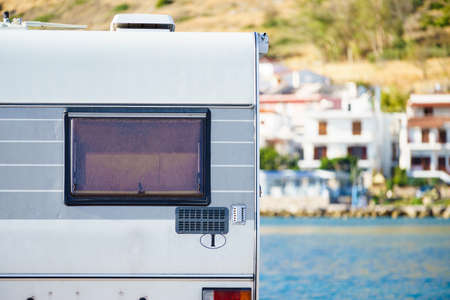 Tourism vacation and travel. Camper van in greek touristic resorts. Greece Peloponnese Peninsula.の写真素材