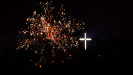 Firework explosion in the sky, celebrating new year in Gdynia city, Poland. Colorful fireworks at holiday night.の写真素材