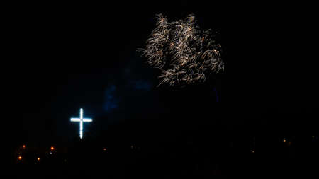 Firework explosion in the sky, celebrating new year in Gdynia city, Poland. Colorful fireworks at holiday night.の写真素材