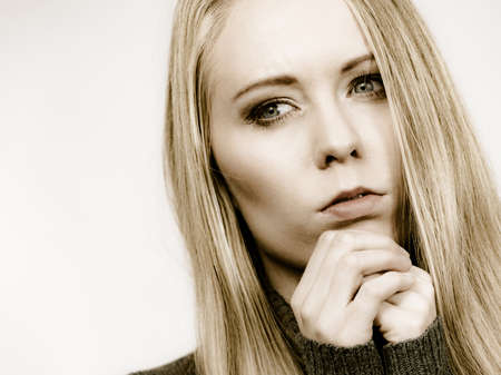 People and solitude concept. Alone sad troubled young woman long hair teen girl lost in thought