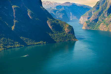 Aurlandsfjord fjord landscape with cruise ship, Norway Scandinavia.