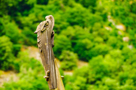 Part of old wooden viking boat in norwegian nature. Tourism and traveling conceptの写真素材