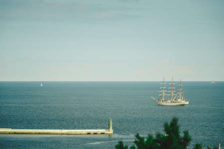 GDYNIA, POLAND - AUGUST 24, 2017: View for Gdynia harbor at Baltic Sea with sailing boatのeditorial素材