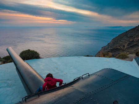 CARTAGENA, SPAIN - MARCH 24, 2019: Tourist woman on Battery de Castillitos in Spain Cartagena, Cabo...