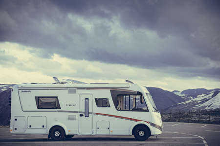 DALSNIBBA, NORWAY - JULY 30, 2018: Dalsnibba mountain with Dethleffs camper car on Geiranger Skywalk...
