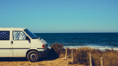 Campervan internal fitted thermal screen blind camping sea coast, Spain. Camping on nature beach....
