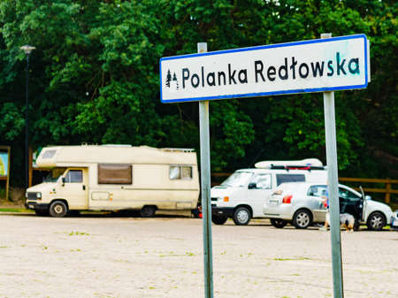 GDYNIA, POLAND - JUNE 27, 2019: Camper cars on picnic area Polanka Redlowska in Gdynia city. Camping place on sea coast.のeditorial素材