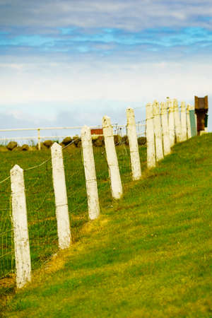 Nature summer landscape. Countryside view field with old rustic wooden fenceの写真素材
