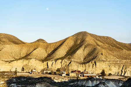 Western Leone village, movie location set for spaghetti western in desert. View from distance.