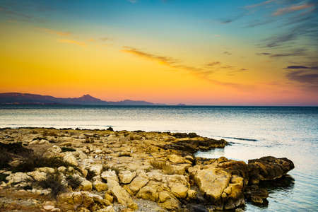 Seaside landscape. Spanish beach rocky sea shore. Mediterranean Sea.の写真素材