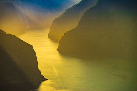 Aurlandsfjord fjord landscape at sunset, Norway Scandinavia. National tourist route Aurlandsfjelletの写真素材