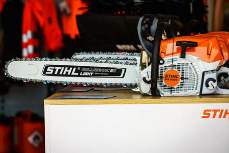 Bednary near Poznan, Poland - September 20, 2019: Agroshow in Poland. Stihl brand chainsaw. Stihl is Stihl is a German manufacturer of chainsaws.のeditorial素材