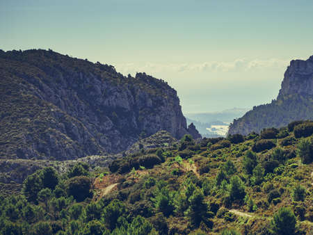 Spanish mountains landscape and view of sea coast in distance. Costa Blanca holidayの写真素材
