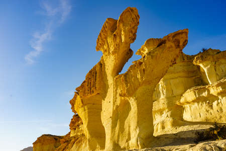 Famous rock erosion formations in Bolnuevo, near Mazarron. Yellow sandstone shapes. Murcia Spain....