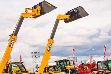 Bednary near Poznan, Poland - September 20, 2019: Logo of british brand JCB on telescopic handler. Jcb manufacturing heavy equipment for construction, agriculture. Agroshow in Poland.のeditorial素材