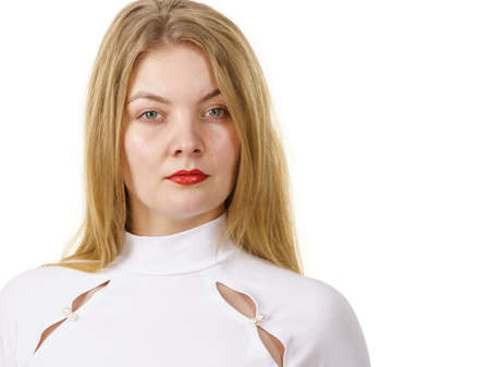 Woman wearing tight white top with long sleeve. Fashion, clothing style concept.の写真素材