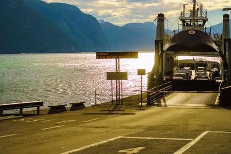 EIDSDAL, NORWAY - JULY 28, 2018: Car ferry connection Eidsdal - Linge, Norddal Municipality in More og Romsdal county. Norwegian County Road 63のeditorial素材