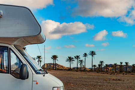 Camper car rv on nature in Sierra Alhamilla mountain range, Spain. Adventure with motor home.の写真素材