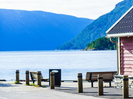 Solvorn village in Luster Municipality in Vestland county, located on the western shore of the Lustrafjorden, Norwayの写真素材