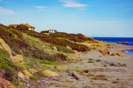 Camper on mediterranean coast, beach Torrecarbonera, Punta Mala, Alcaidesa, Spain. Vacation and adventure with mobile home. Wide shotの写真素材