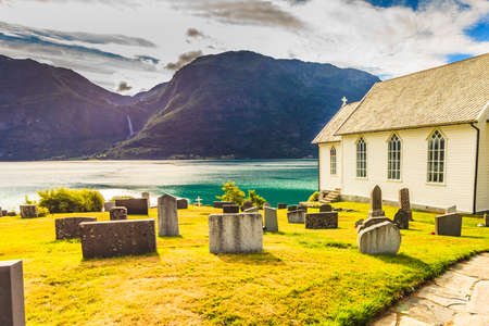 Norwegian churchyard in Nes village at fjord Lusterfjord, Vestland county, Norway.の写真素材