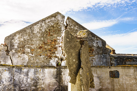 Ruined building, house destroyed during earthquake.