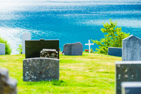 Norwegian churchyard in Nes village at fjord Lusterfjord, Vestland county, Norway.の写真素材