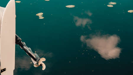 Propeller of boat on sea coast. Nautical vessel sailing concept.の写真素材