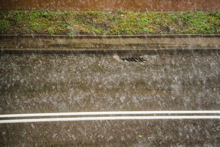 Rain in city. Heavy drops falling on street during downpour. Water flowing to in grate sewer. Sewage system along road. Autumn seasonの写真素材