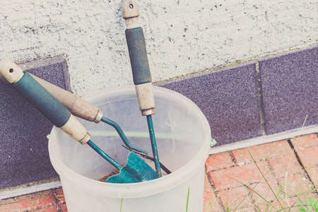 Gardening tools and utensils in pot. Work in gardenの写真素材