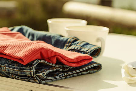 Tourist table on spanish sea coast. Camping on seaside. Holidays and travel.の写真素材