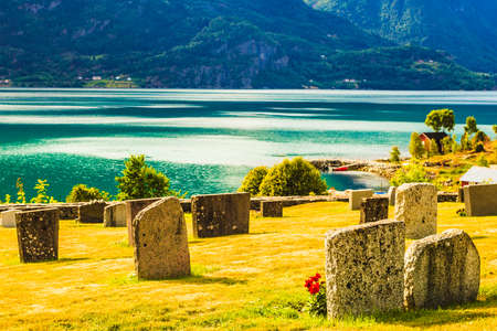 Norwegian churchyard in Nes village at fjord Lusterfjord, Vestland county, Norway.の写真素材