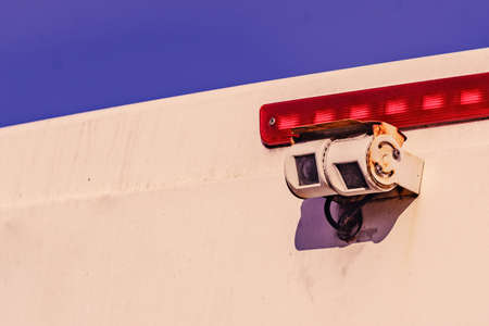 Caravan detail, rv back with rear view camera. Car parking cameraの写真素材