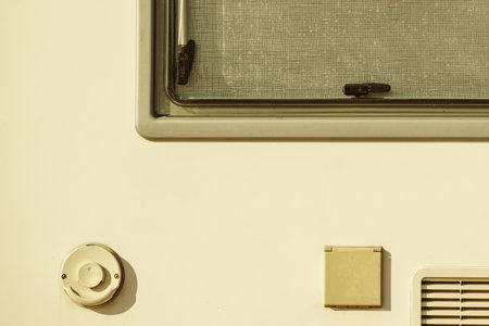 Details of camper car recreation vehicle, window roller shades blindの写真素材