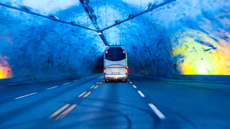 Bus in Laerdal tunnel in Norway - the longest road tunnel in the world, connecting Laerdal and Aurland in Sogn og Fjordane.の写真素材
