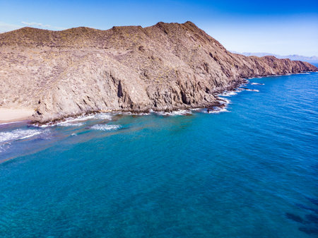 Aerial view. Sea coastal landscape, Cabo Cope y Puntas de Calnegre Regional Park, Murcia region in Spain. Tourist site.の写真素材