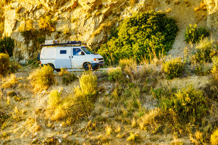 Caravan on spanish coast, seaside cliffs. Costa del Sol, Andalusia Spain. Vacation with motor homeの写真素材